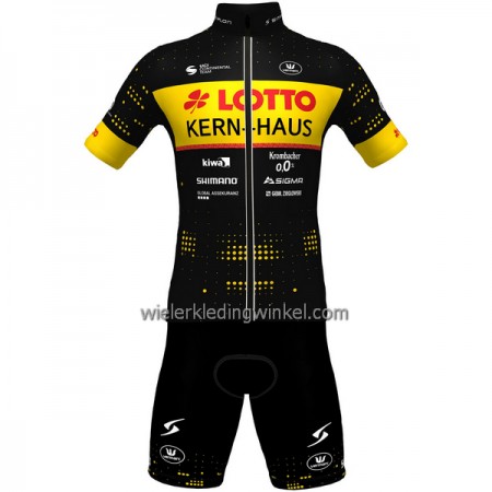 Set Fietsshirt + Korte Koersbroek 2022 Lotto-Kern Haus Geel Zwart
